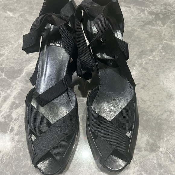 Stuart Weitzman Black Leather Peep-Toe Strappy Lace-Up Heels, Size 8B - Picture 9 of 9